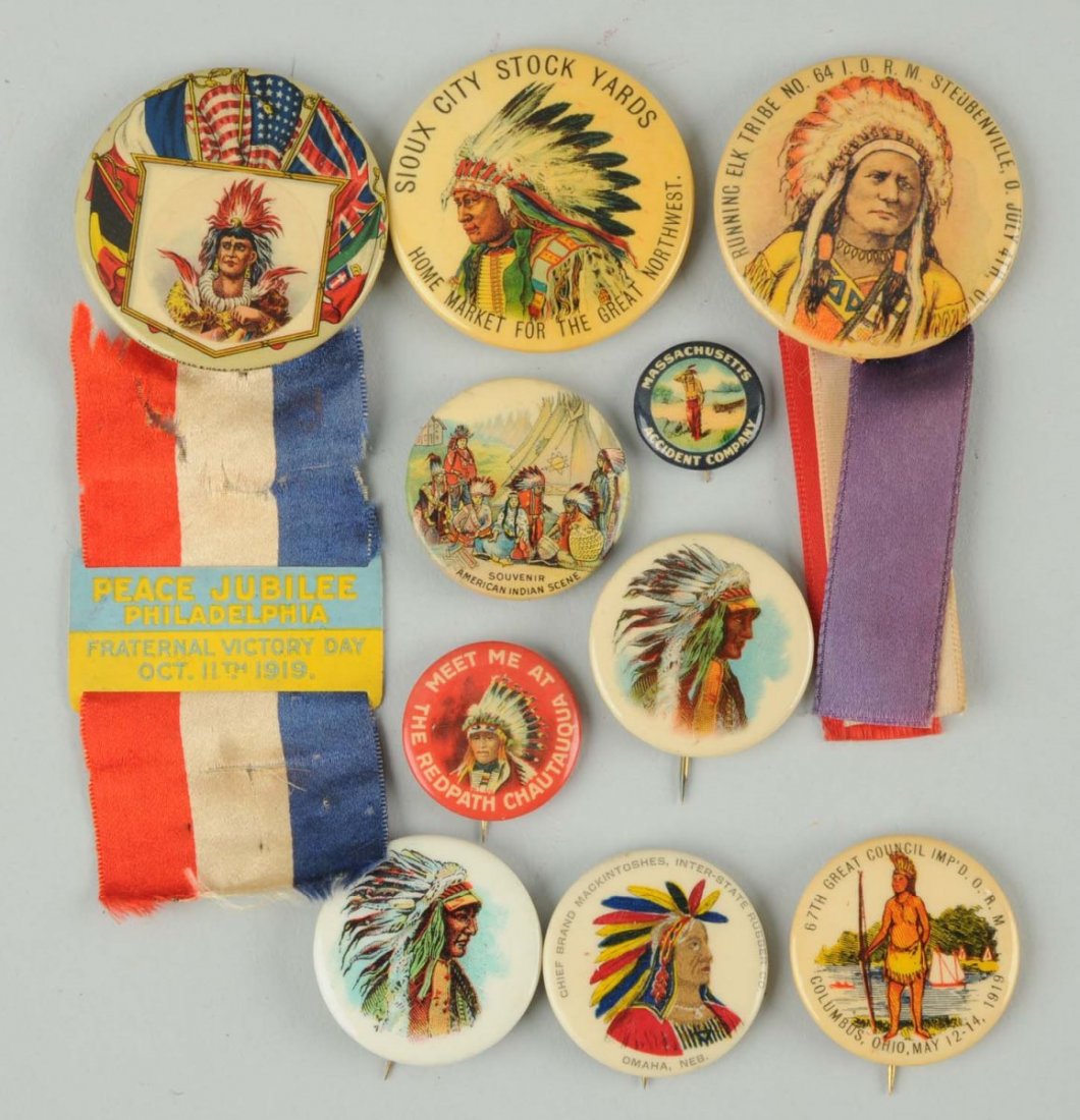 Lot of 10: Indian Related Celluloid Pinbacks.: Included in this lot are pinbacks from the 67th great council, Sioux City Stock Yards, The Redpath Chautauqua, the Running Elk Tribe and others. Most of these pinbacks are in very good condition. The 