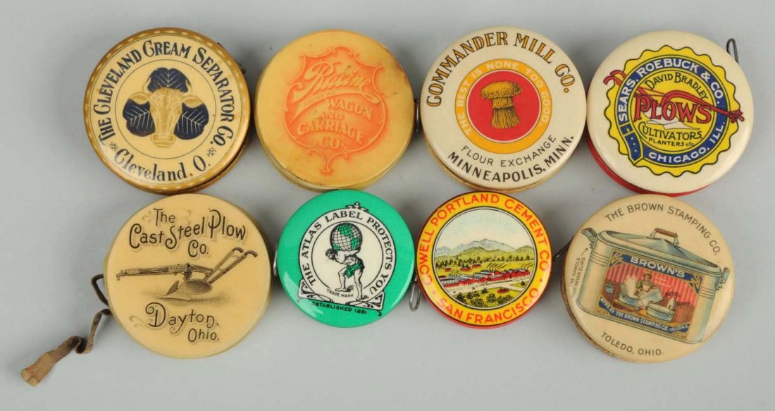 Lot of 8: Celluloid Advertising Tape Measures. (1 of 2)