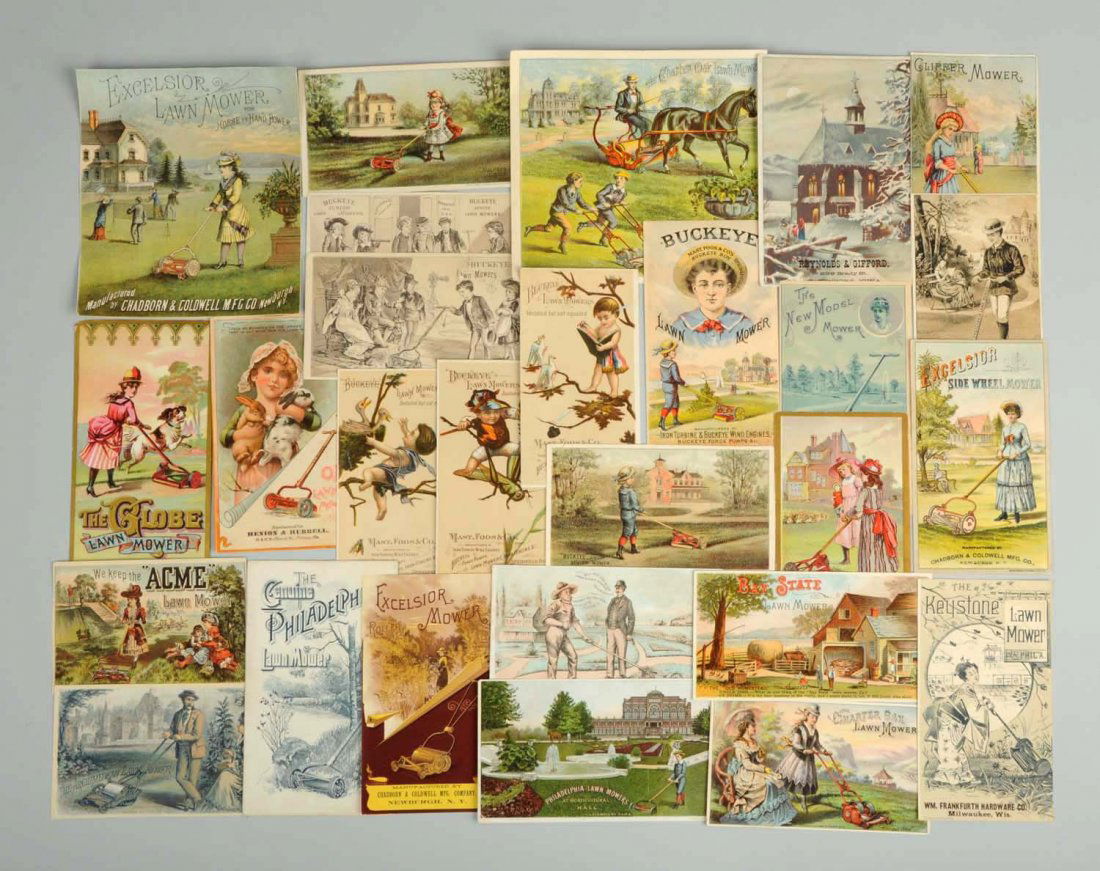 Lot of 20+: Lawn Mower Adverting Trade Cards. (1 of 1)