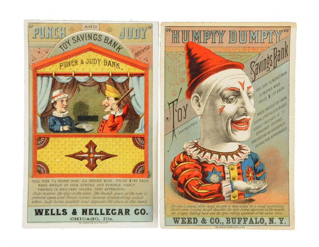 Lot of 2: Toy Mechanical Bank Trade Cards. (1 of 1)