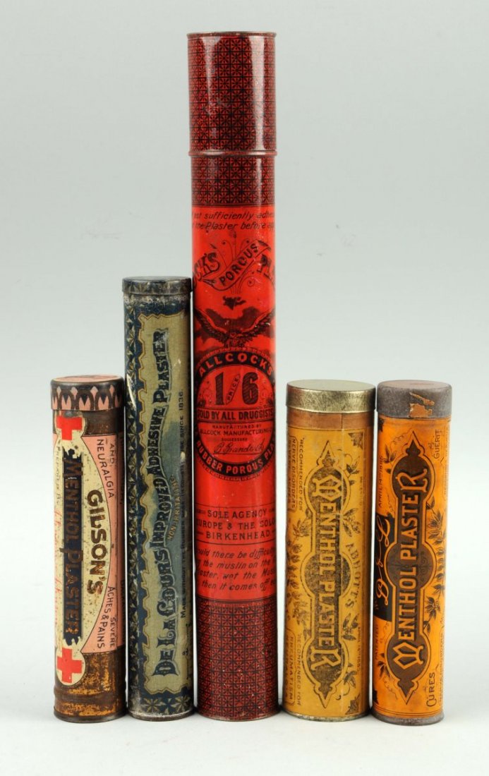 Lot Of 5: Tin Plaster Tubes.: Allcock's Porcus Plasteer [Birkenhead: Sole Agency for Europe & The Colonies] (Tinplate Decorating Co.), Abbott's Menthol Plaster )patented 1883; heavy paper/paper label), Johnson & Johnson Gilson's M