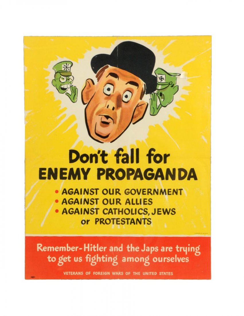WWII Enemy Propaganda Poster.: This poster is framed between two sheets of plastic. Features an illustration by Jack Betts. There is a 2mm paper loss on the ends of two fold lines. Condition (Very Good Plus). Size 22" x 16 -3/4".