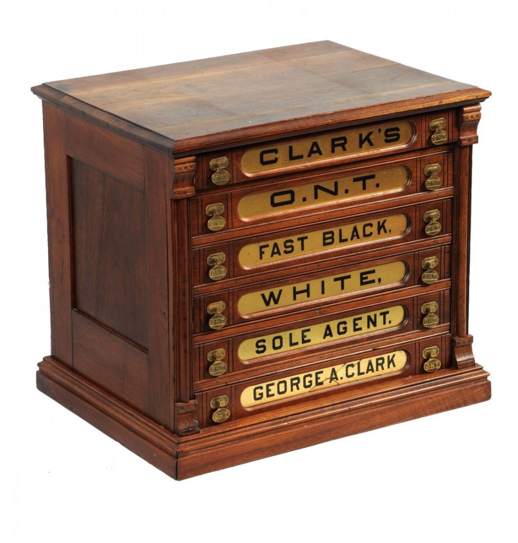 Oak Clark's O.N.T. Advertising Spool Cabinet. (1 of 2)