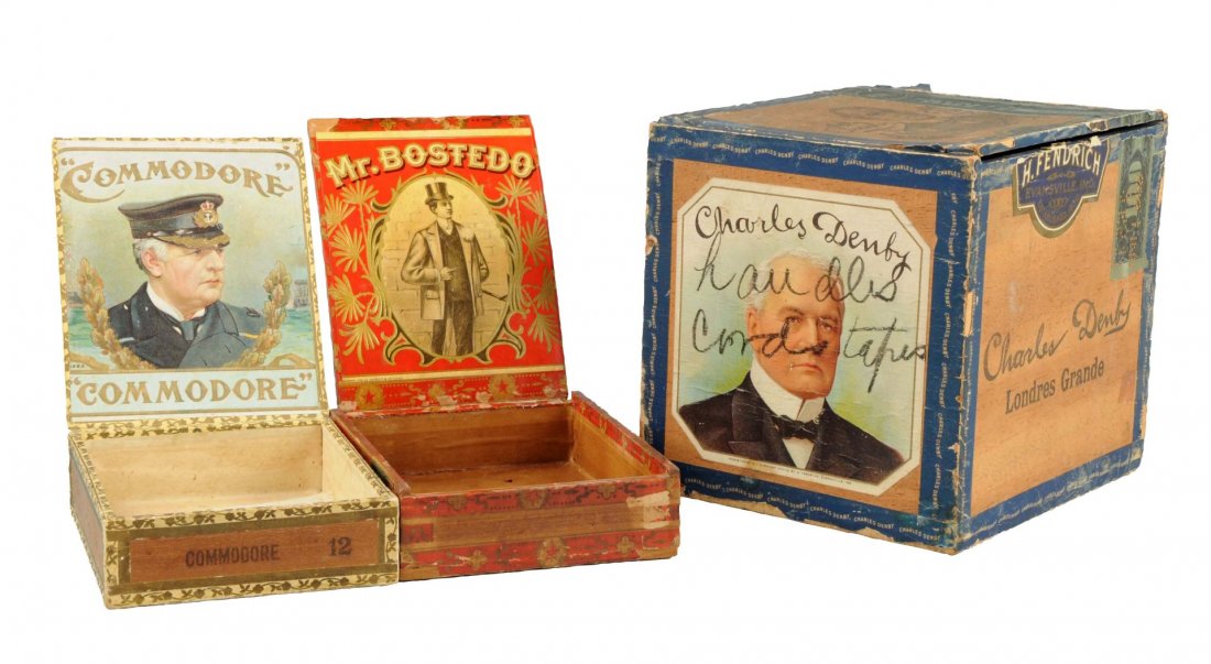Lot Of 3: Gentlemen Of Distinction Cigar Boxes.: Circa 1910. Inner titles "Commodore, Charles Denby and Mr. Bostedo". Condition (Excellent). Size Largest : 6" x 6 -1/2".