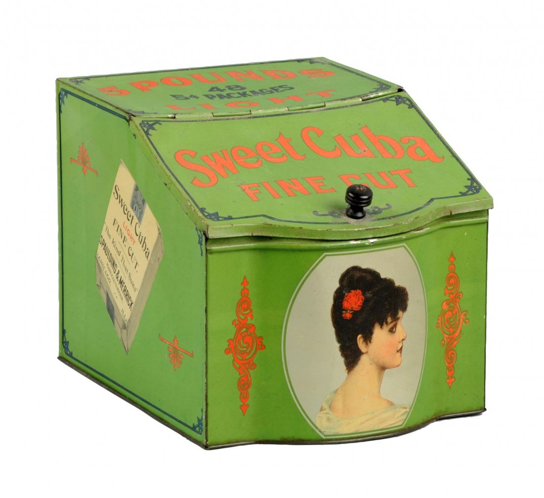 Sweet Cuba Fine Cut Tobacco Tin.: This is a nice tin with nice graphics and appearance. There is a slight fade to the colors but overall it presents itself well. There are a few tiny paint chips and one shallow bend. Condition (Very G
