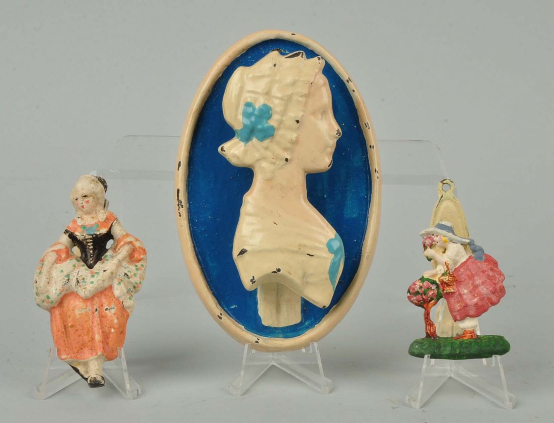Lot of 3: Cast Iron Assorted Women Doorknockers.: Includes Mary Quite Contrary, Colonial Lady, and Bust of Lady.