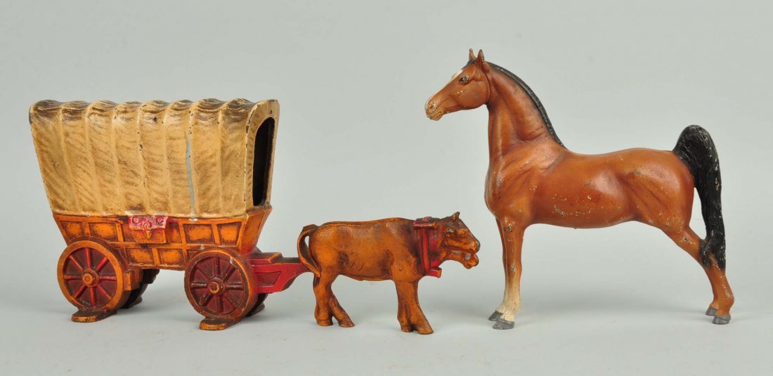 Lot of 2: Cast Iron Assorted Doorstops.: Hubley, etc. Includes Conestoga Wagon; and Horse.