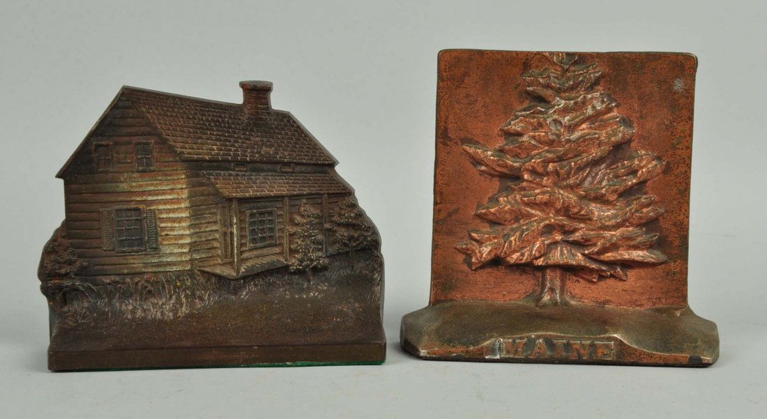 Lot of 2: Cast Iron Assorted Doorstops.: Includes Edgar Allen Poe Cabin; and Pine Tree.