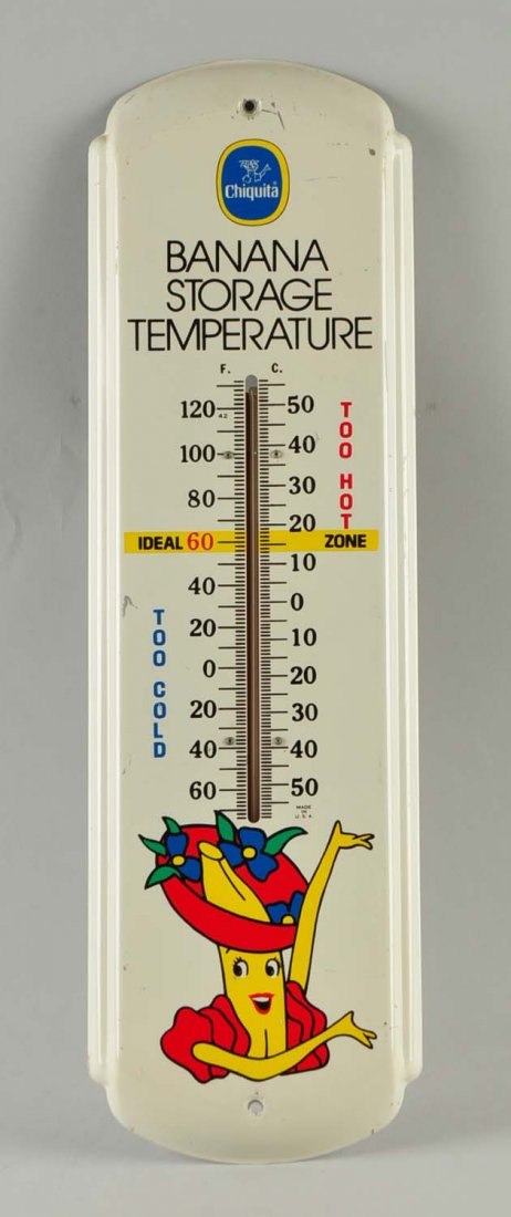 Chiquita Banana Thermometer.: This lot is of a Chiquita Banana thermometer that notes the ideal temperature to store bananas. Nail holes are present with minor scratches.