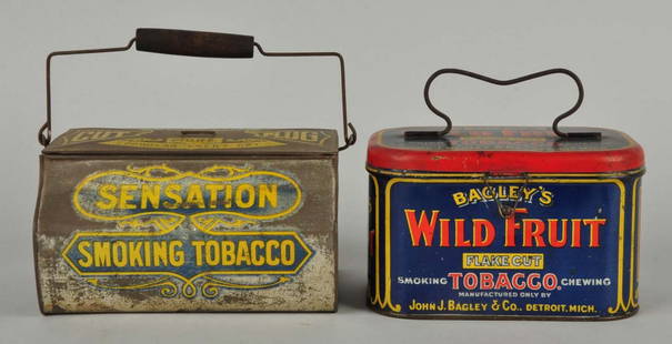 Lot of 2: Tobacco Tins - Sensation & Bagley.: This lot consists of two Smoking Tobacco tins, one for Sensation’s Cut Plug Smoking Tobacco and the other for Bagley’s Wild Fruit Flake Cut Smoking Tobacco Chewing. Both tins have handles and lids