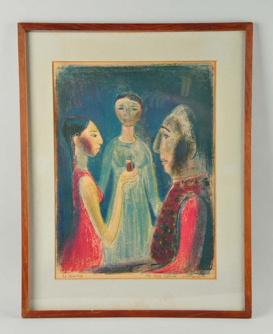 El Charro Viejo by Waldemar Sjolander.: This print, entitled El Charro Viejo by Waldemar Sjolander is numbered 2/48 and dated 1947. Depicted in this print there are three figures, two females and a male. A man and woman look at each other a