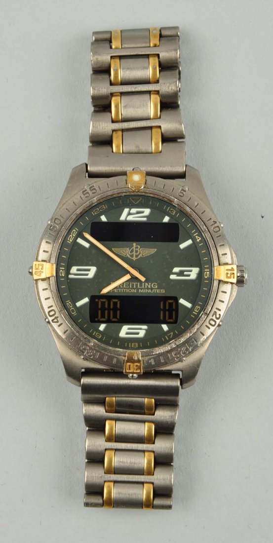 Breitling Repetition Minutes Wrist Watch.: Breitling Repetition Minutes Wrist Watch in stainless steel. Working. Digital dial with green background.