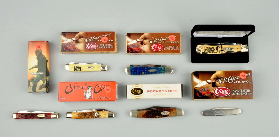 Lot Of 7: Case & Sons Pocket Knives.: Includes: Colonel Coon 4" 2-blade "Hawbaker Muskrat" handled in stag includes factory box. Remington 3-3/4" 2-blade doctor's knife in factory box. Case 4-1/4" #6276SP 2-blade double acting jack knife.