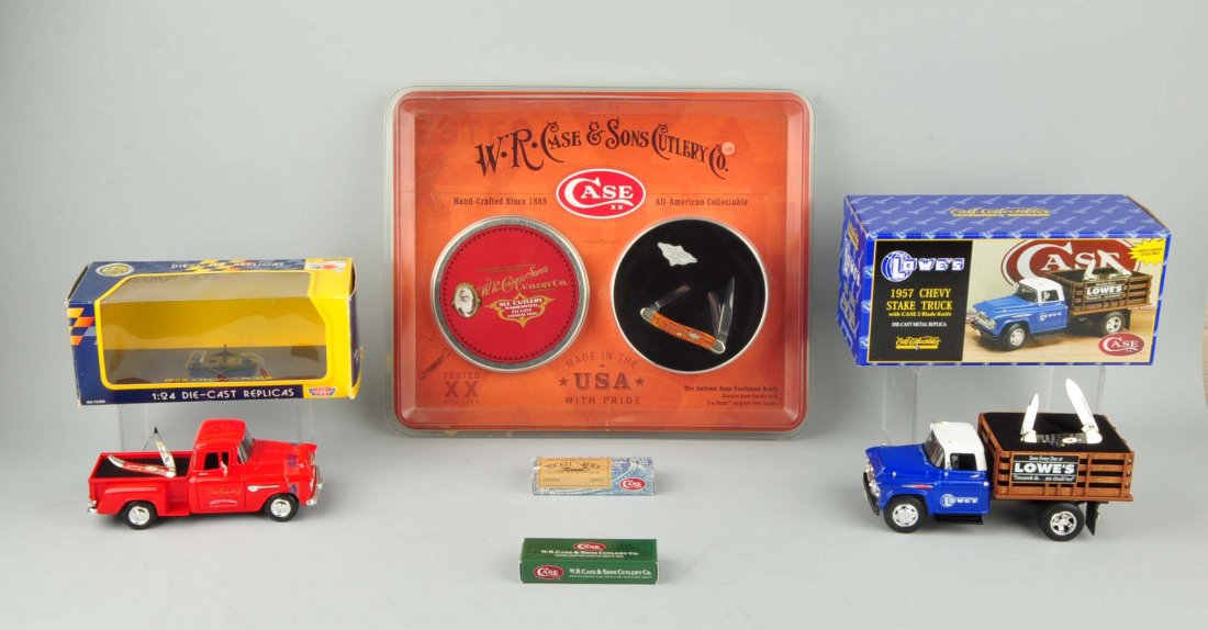 Lot Of 3: Trucks w/ Knives & Packaged Case Display.: Includes: W.R. Case & Sons Cutlery sealed knife display of a 3-blade "Autumn Bone Stockman" in factory tin. Model Chevy Dale Earnhardt 1955 pick up truck with a Case 3" 1-blade "Tiny Toothpick". Chevy