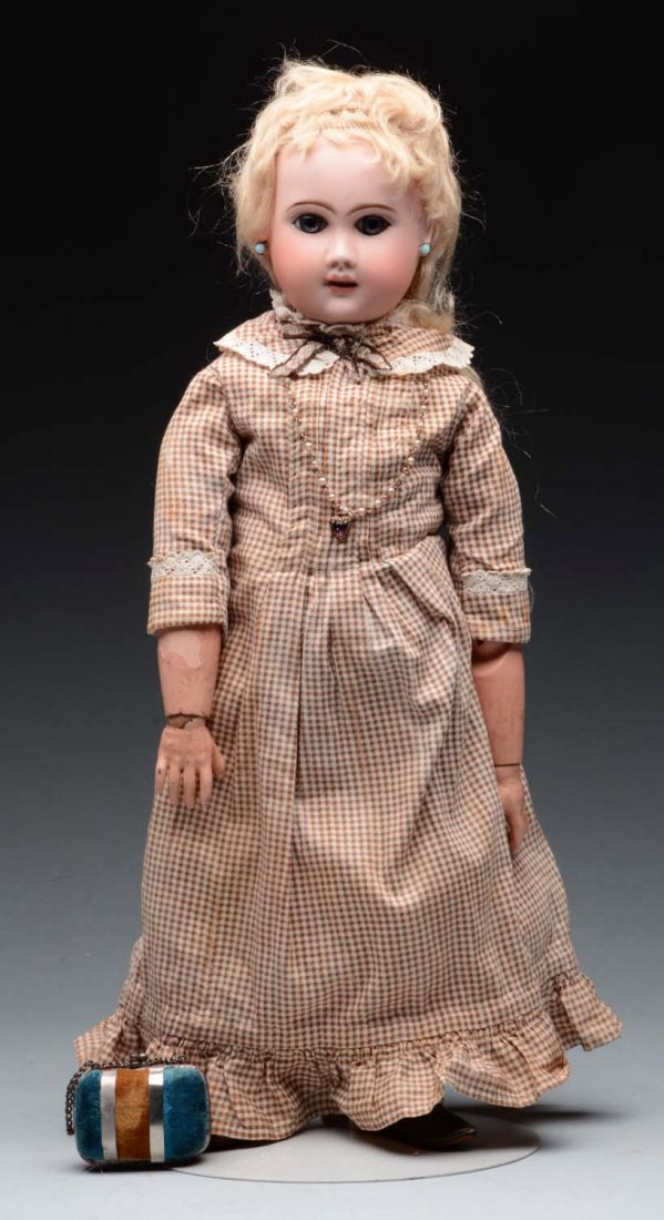 French Phénix Bébé Doll.: Bisque socket head incised "* 90" with red stamp "Bébé Modele" by Henri Alexander with pretty bisque (spot of discoloration at side seam line), light multistroked eyebrows, blue paperweight eyes wit