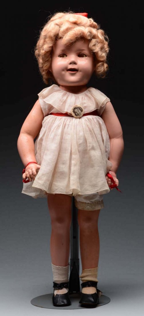 Large Ideal "Shirley Temple".: All composition doll signed "Shirley Temple" on torso, cute smiling face with lovely original mohair wig in original set, flirty sleeping eyes with real upper eyelashes, open mouth with teeth, dimples