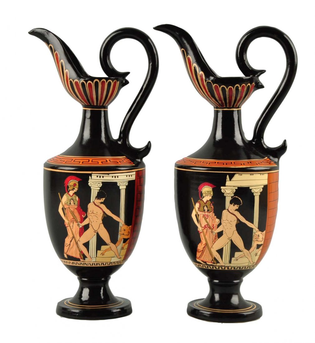 Lot Of 2: Greek Glass Ewers.: Copies a 490 B.C. item. of "Theseus slaying minotaur in the Labyrinthe by the protection of Athena." Limited Edition. Each: 10-1/2'' T.