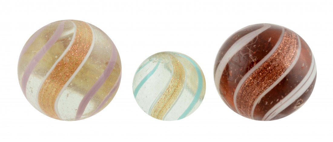 Lot Of 3: Banded Lutz Marbles.: The smallest is a clear base with baby blue bands. The second one is an amber base with white bands and the largest is a clear base with lavender bands. (8.8 - 9.2). 9/16'' to 13/16'' Dia.