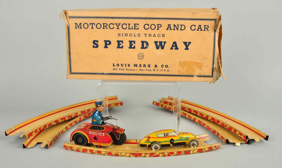 Marx Tin Wind Up Motorcycle Cop & Car Speedway Toy (1 of 4)