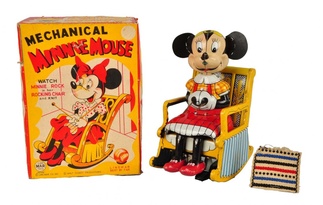 Japanese Disney Minnie Mouse Knitting Toy.: Tin litho wind-up. Original box. Marked "Walt Disney Productions". Toy has original ears and nose. Yarn swatch is vintage but may not be original to this toy. Box has some minor poke holes and edge we