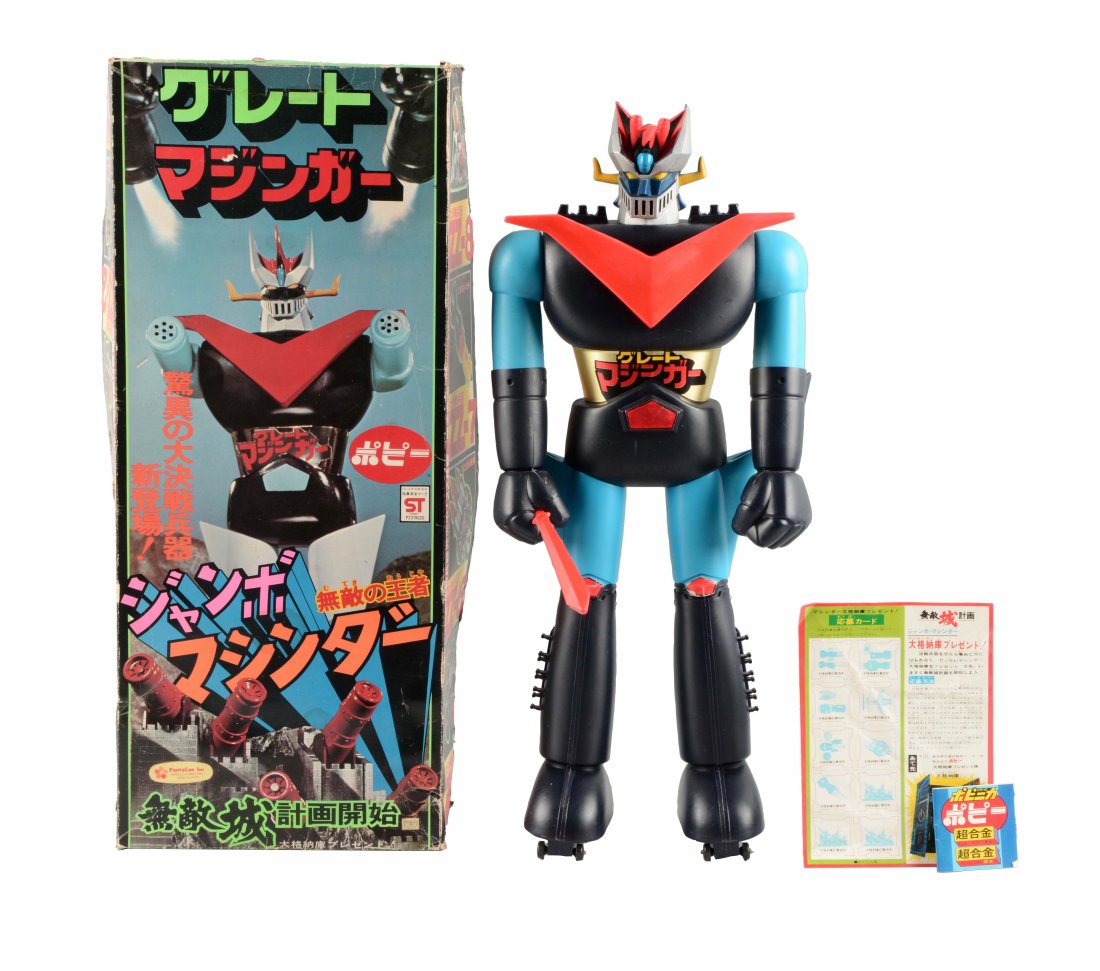 Japanese Version Great Mazinga Jumbo Machinder.: Made by Popy. Original box with beautiful graphics. Includes the original brochure and catalog. Complete with sword, missile and ship. Box does have some creasing. (Excellent). Box: 24-1/2'' L.