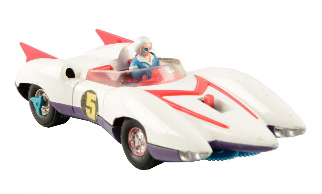 Mach 5 Racer by Eidai Grip of Japan.: Seminal GoGo Mach 5 or Speed Racer toys from the early 70's. Saw blades extend from the under carriage in the front, and rear wheels also have extending blades. (Excellent). 5-1/2'' L.
