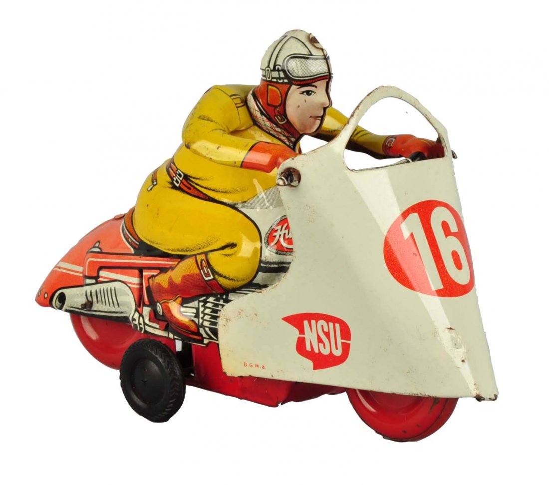 Scarce German Huki Tin Litho Friction Motorcycle. (1 of 4)