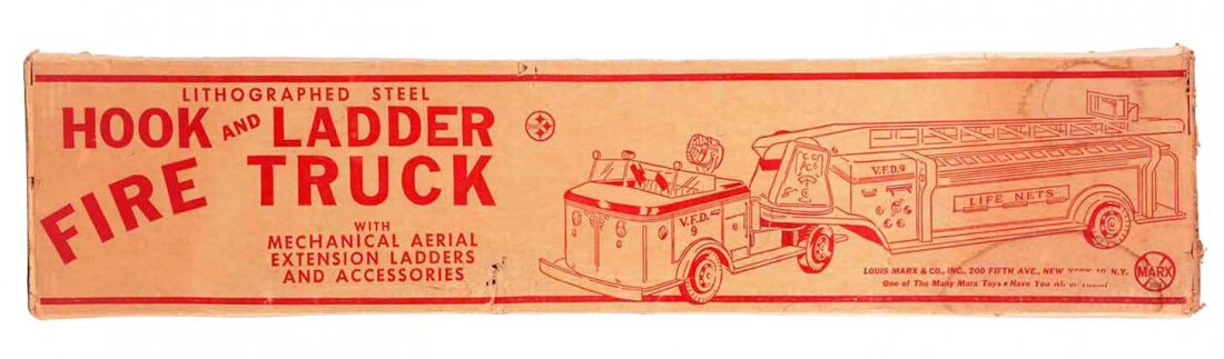 Pressed Steal Marx Hook & Ladder Firetruck.: Sealed in original box. Box is marked No. 3220. Hook and ladder firetruck. Comes with all accessories. Box has some paper tearing at labels on ends. Unused. (Near Mint). 38 - 1/2" L.