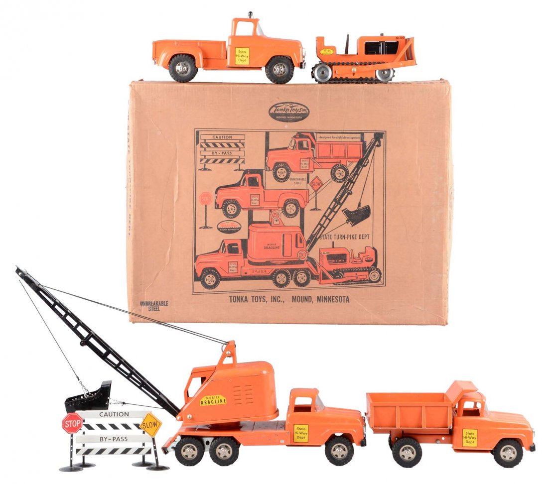 Tonka State Turnpike Department Set No. 220.: Set consists of: Pickup Truck, scratches and paint chips around the front grill and roof, in very good condition. Dump Truck, couple small spots of paint loss above the front grill and some paint chip