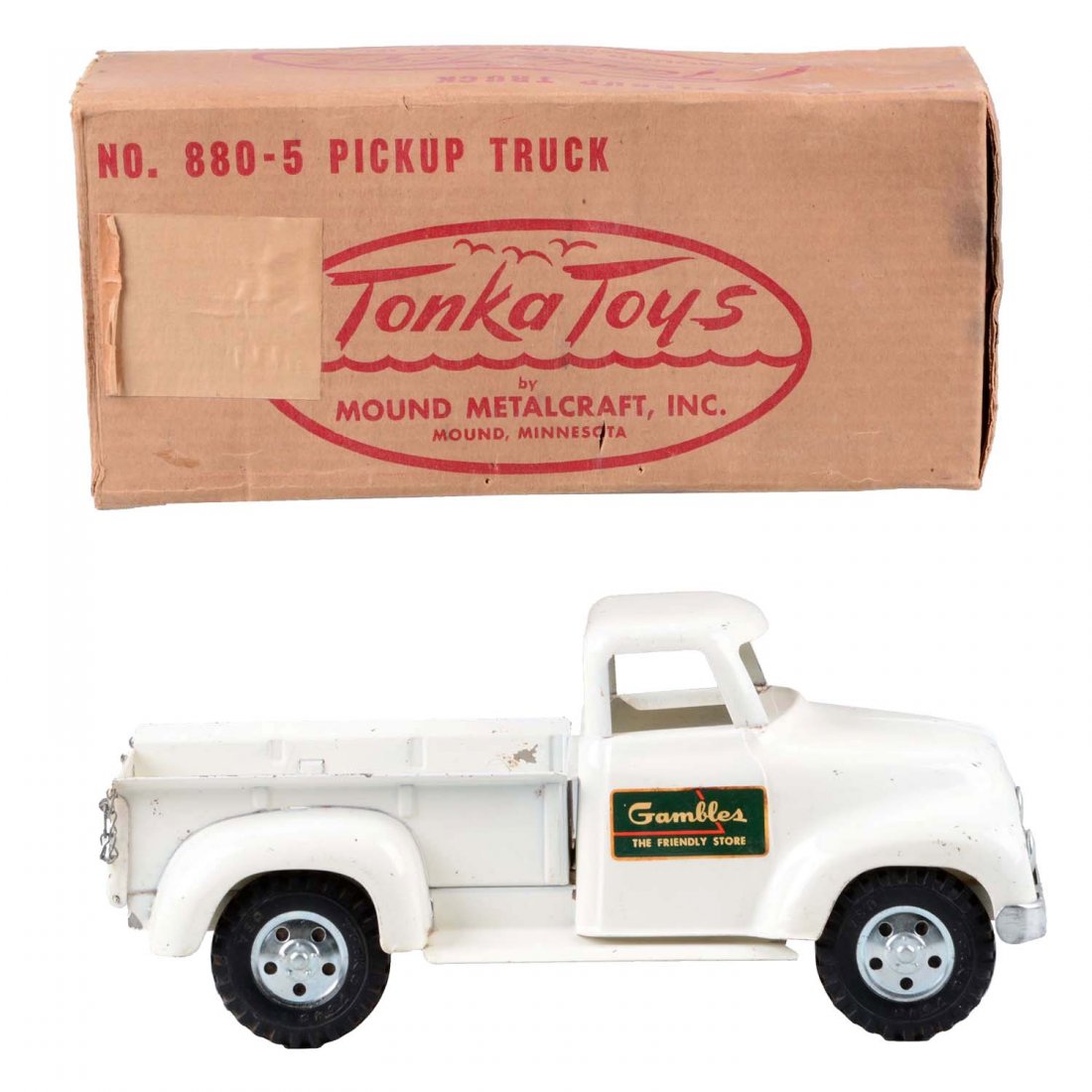 Tonka Gambles Private Label Pickup Truck No. 880-5: Circa 1955. Truck is complete and all original, clean, some minor paint chips throughout. All decals are intact. Hubcaps are nice and bright. Original box has some stains, creases and general wear. Th