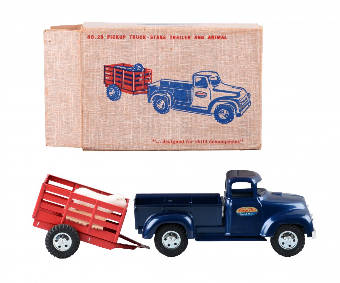 Tonka Pickup Truck w/ Stake Trailer No 28.: Circa 1957. Pickup truck is in like mint condition with no issues. The trailer is also in like mint condition with no issues. Includes the animal. Original box has inserts with all flaps, in like new 