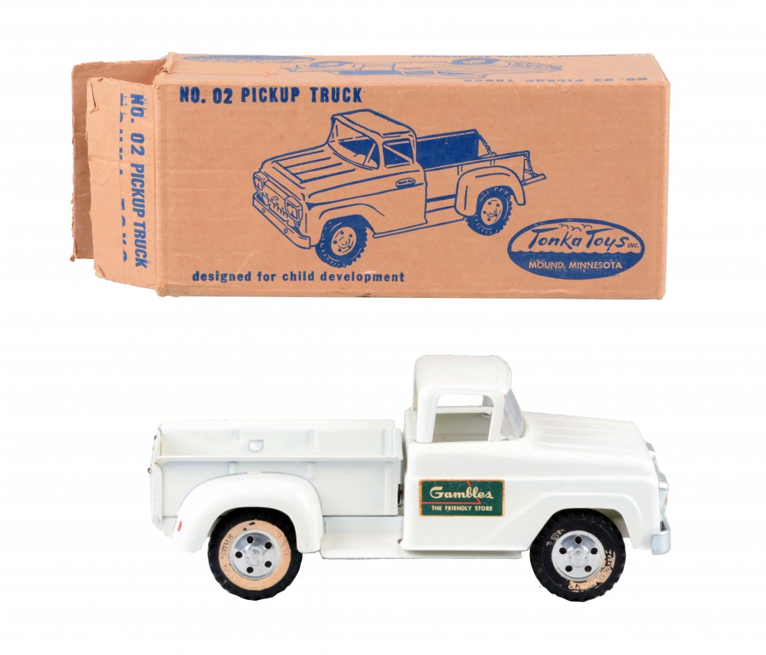 Tonka Gambles Pickup Truck No. 02.: Circa early 1960's. Truck is complete and all original. The body is in like mint condition but there is some paint loss on all four white walls, some very significant. Original box is in good conditio
