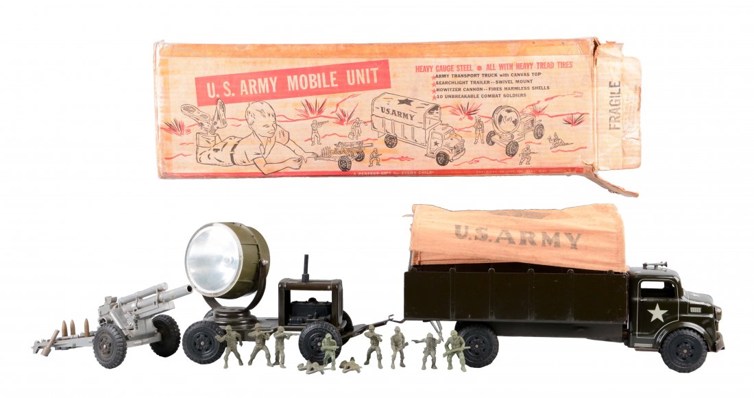 Deluxe Creations Lumar U. S. Army Mobile Truck Set: Includes the original box, some creasing and tape repair. Set includes: Pickup Truck with original US Army canvas, US Army Searchlight Vehicle and a Long Range Gun. Combination of pressed steel and pl