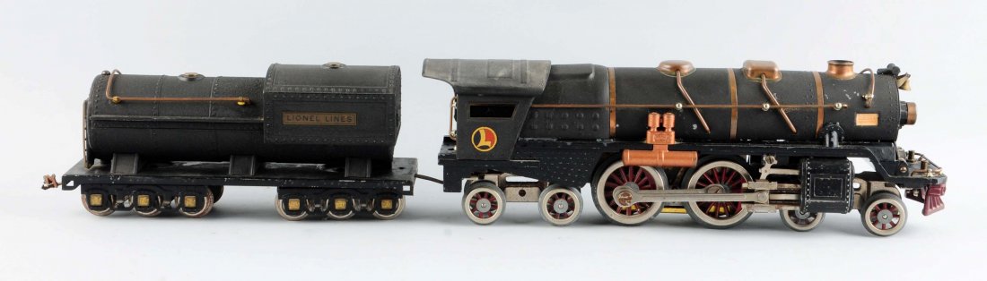 Rare Lionel Crackle Black No. 400 Engine & Tender.: Locomotive is missing the boiler front, some corrosion on the head lamp. Scratches and paint chips. Appears to have been reframed. Has a bild-a-loco motor. Needs side rod replacement, in good conditio