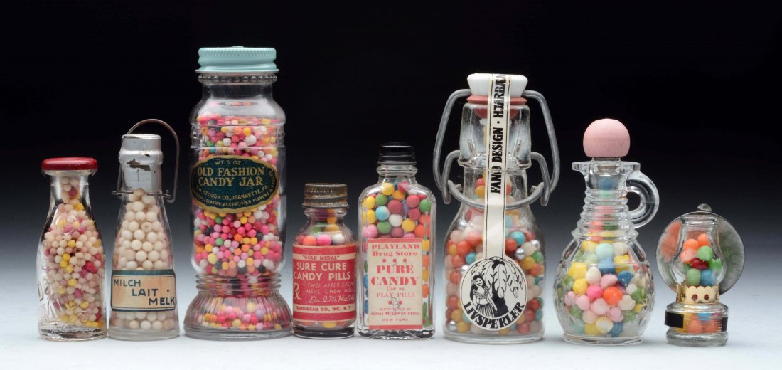 Lot of 8: Glass Bottle Candy Containers. (1 of 1)