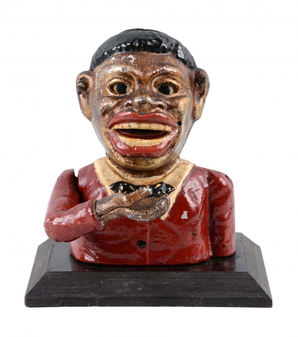 Jolly "N" Mechanical Bank on Wooden Base. (1 of 3)