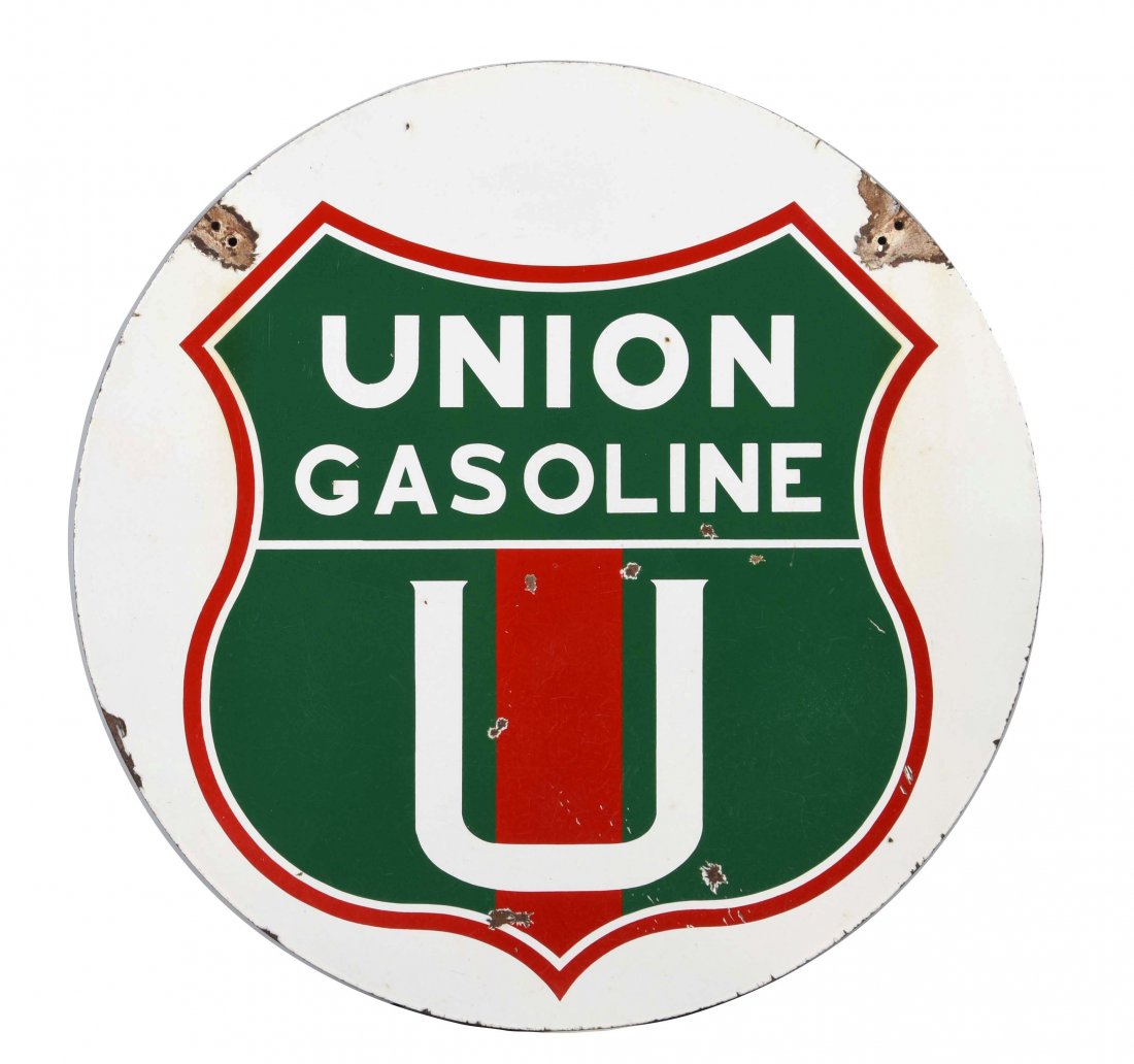 Union Gasoline w/ U Logo Porcelain Sign.: SSP sign. Good color and gloss with large chips and wear in the field. (7.9). 42" Dia.