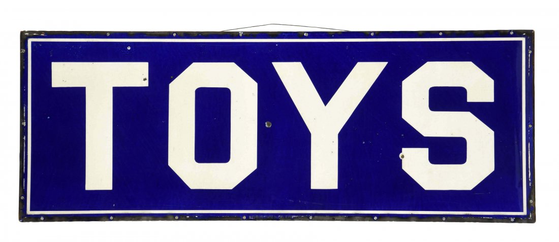 TOYS Porcelain Sign.: SSP sign. Excellent gloss and color with small chips and minor staining in the white. Mounted on board. (8). 18" x 48".
