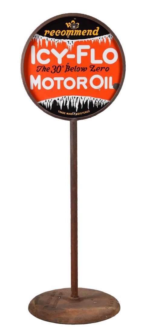 Icy-Flo Motor Oil Porcelain Curb Sign.: DSP sign. Excellent gloss and color. There is a hole drilled in the upper field with chips in the field. Comes with an original embossed base Icy-Flo Oil Co, Youngstown Ohio. (7.75). 24" Dia.