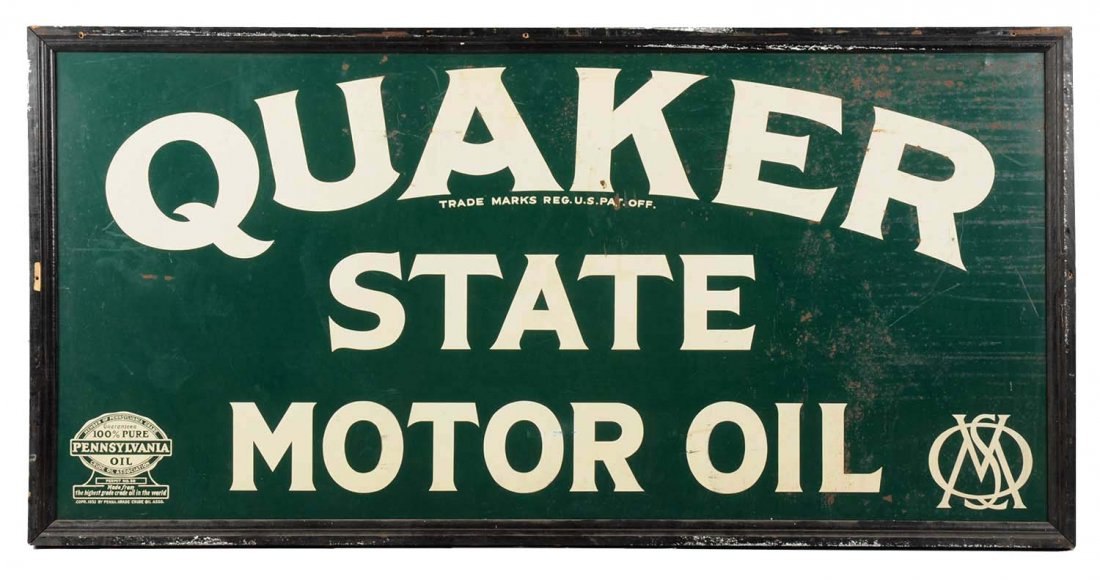 Quaker State Motor Oil Tin Sign.: SST wood framed sign. Good color with paint chips and wear. (7). 36" x 72".