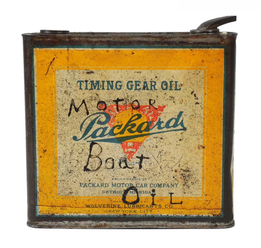 Packard Timing Gear Oil One Gallon Flat Metal Can.: Can has wear and scratches, empty. (6.9). One Gallon.