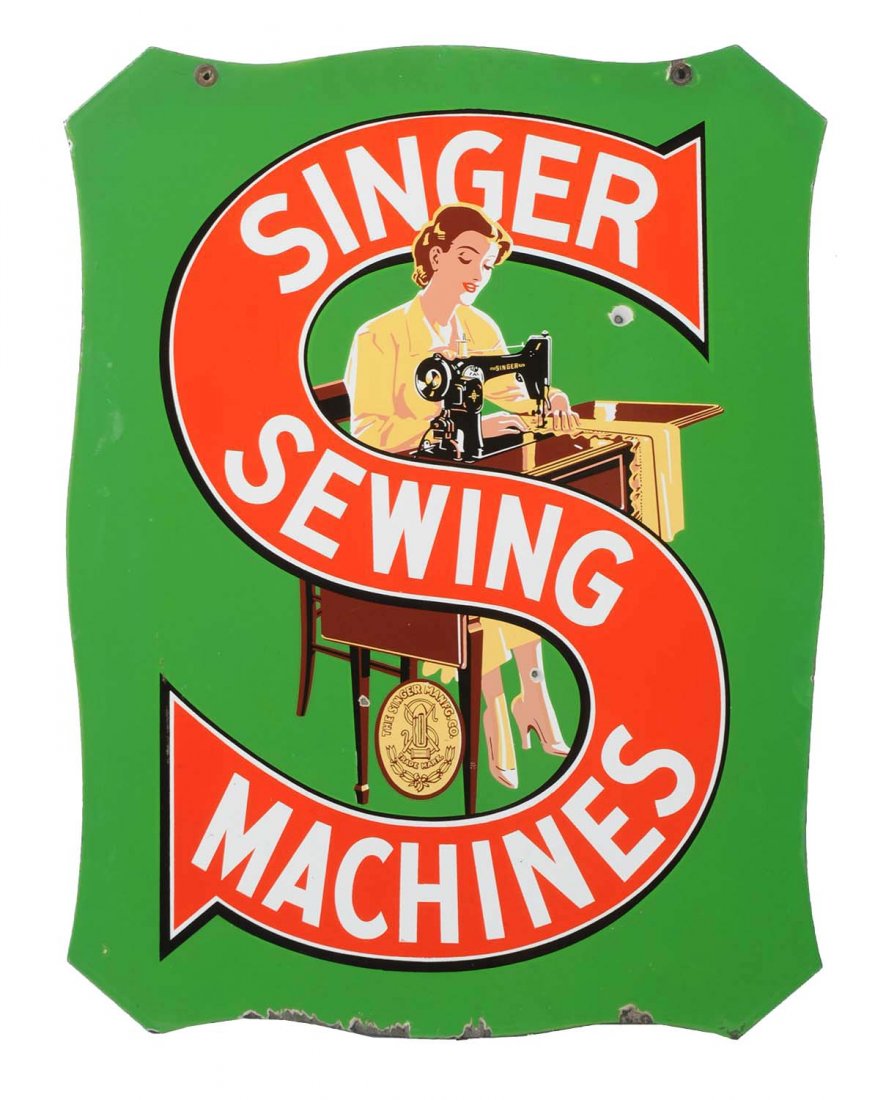 Singer Sewing Machine Diecut Porcelain Sign. (1 of 2)