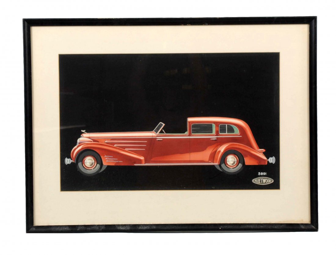 Cadillac Couch Built Car by Fleetwood Original Art.: It is a Limoeus, has the Fleetwood logo and the no. 5891. In excellent condition with great colors. Matted and framed. (9). 21" x 29".