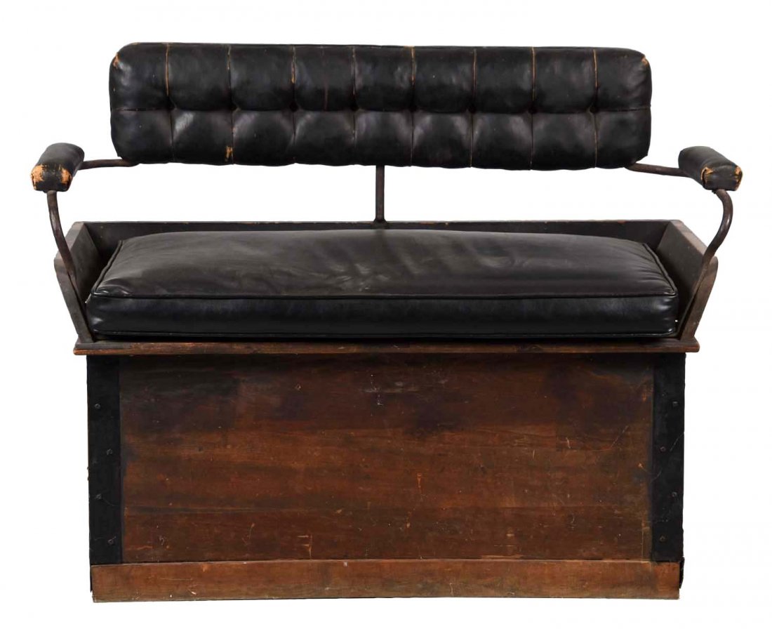 Original Packard Truck Seat.: Original leather cushion and back. Probably is horse hair stuffed. The platform is embossed "Packard" and has been repainted. (8.5). 35" x 48" x 21".