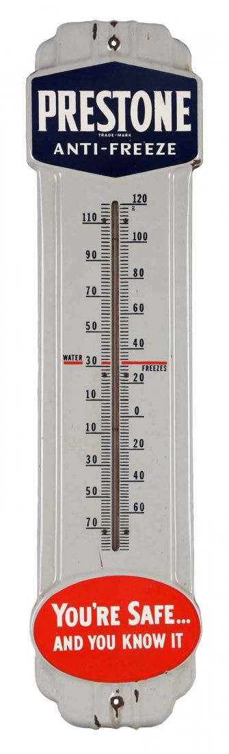 Prestone Anti-Freeze Porcelain Thermometer.: Good color and shine with some light wear. Tube is good. (8.5). 36" x 9".