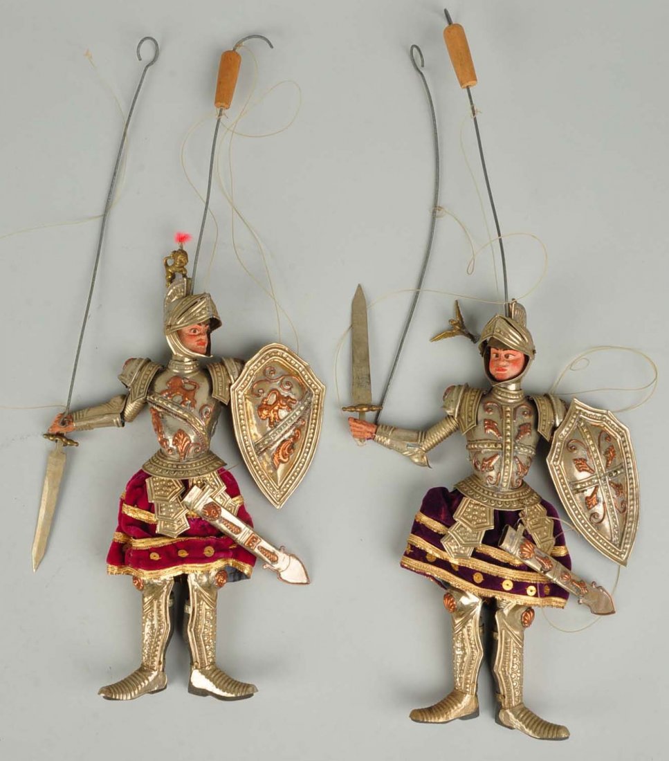 Lot Of 2: Metal Armored Knights.: Puppets. Nicely done. Approximately 11" tall.