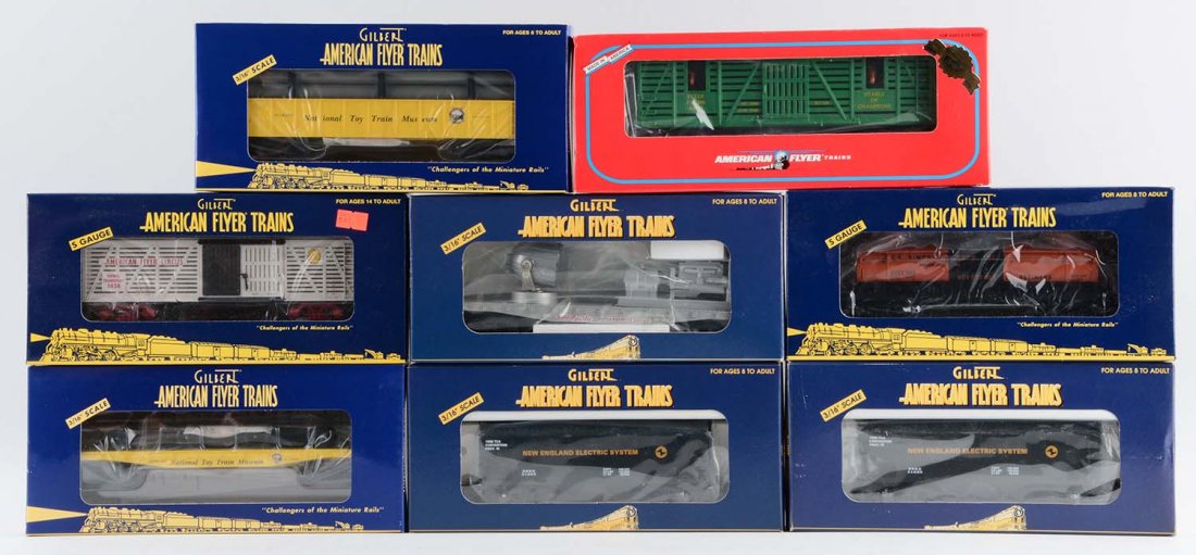 Lot of 8: American Flyer S Gauge Rolling Stock.: Includes: No. 48101 Stable of Champions Horse Car, No. 48208 1998 TCA Hopper Car, No. 48226 NTTM Work Train Flat Car, No. 48516 Southern Pacific Searchlight Car, No. 48210 1998 TCA New England Electri