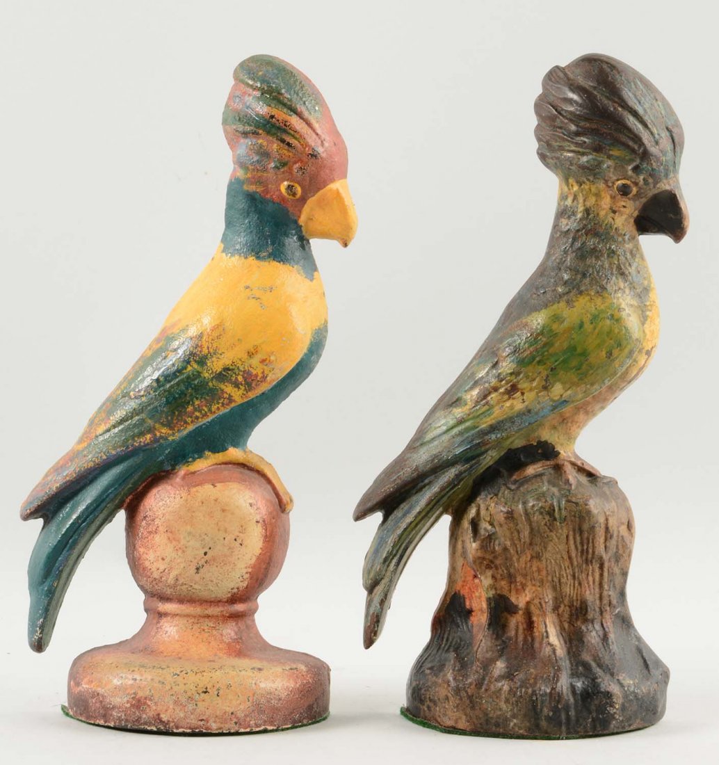 Lot of 2: Cast Iron Assorted Cockatiel Doorstops.: Albany Foundry Co. Includes one cockatiel on stump and other on ball.