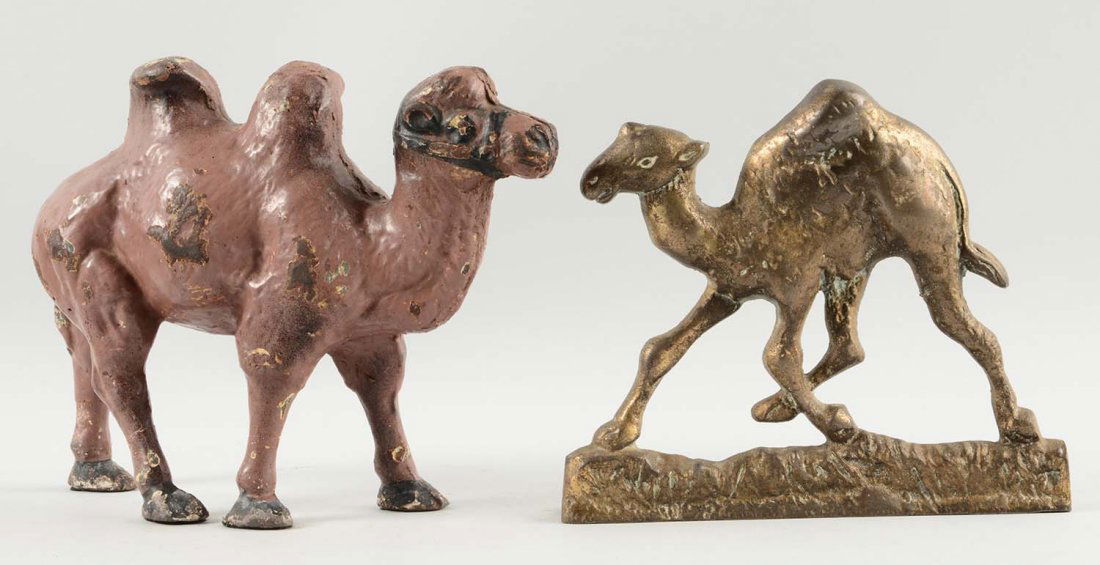 Lot of 2: Cast Iron Assorted Camel Doorstops.: Includes running camel, brass electroplated over cast iron; other repainted.