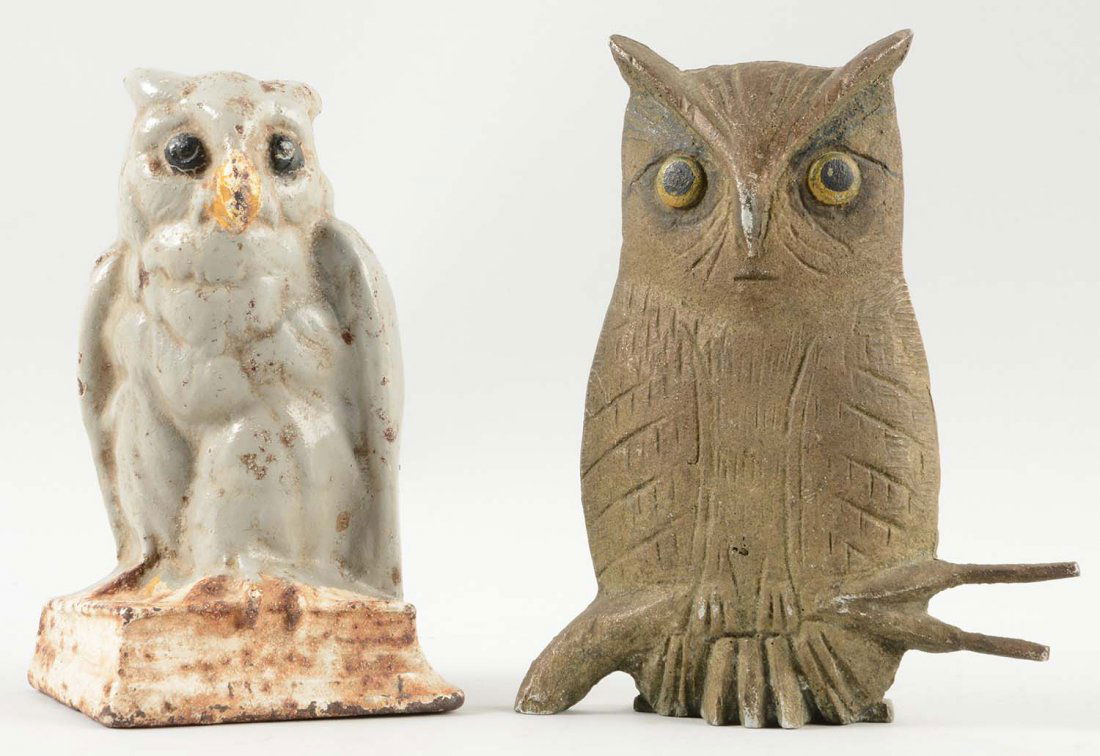 Lot Of 2: Cast Iron Owl Doorstops.: One cast iron and repainted, the other aluminum.